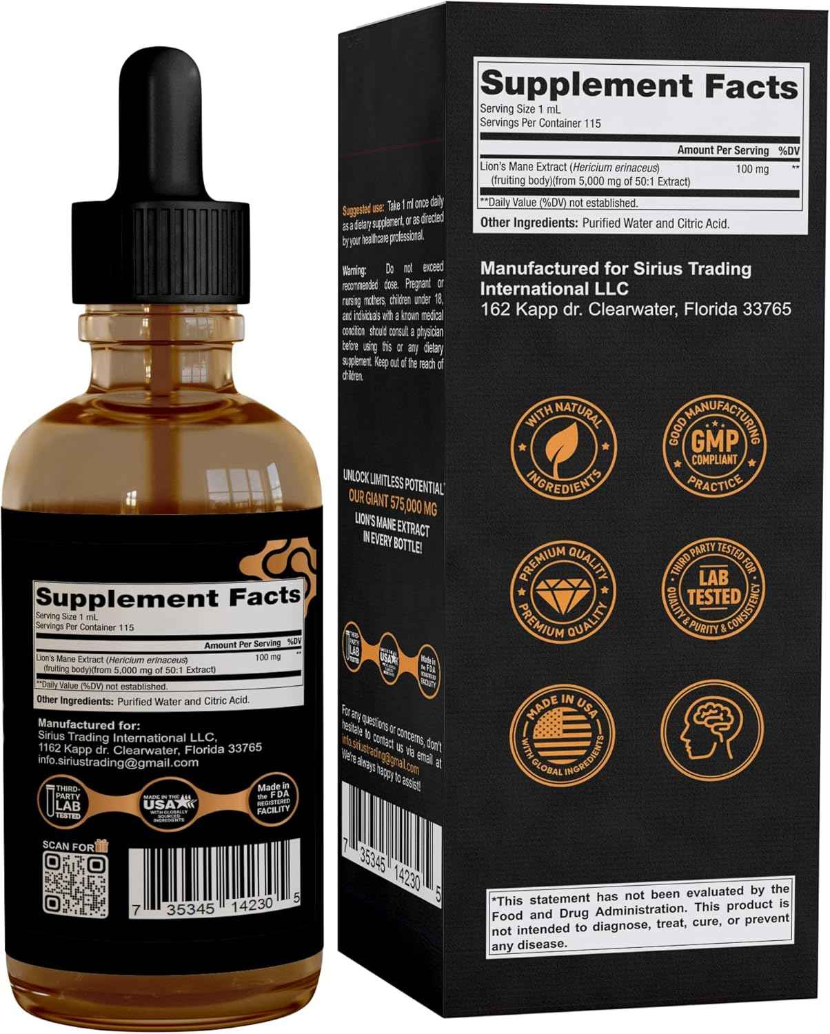 STARFIT - Lion's Mane 575,000 Mg Extract, Lions Mane Liquid Supplement, Lion's Mane Mushroom Extract for Immune Support, Memory Enhancement, and Digestive Health, 4 fl oz (Pack of 3)