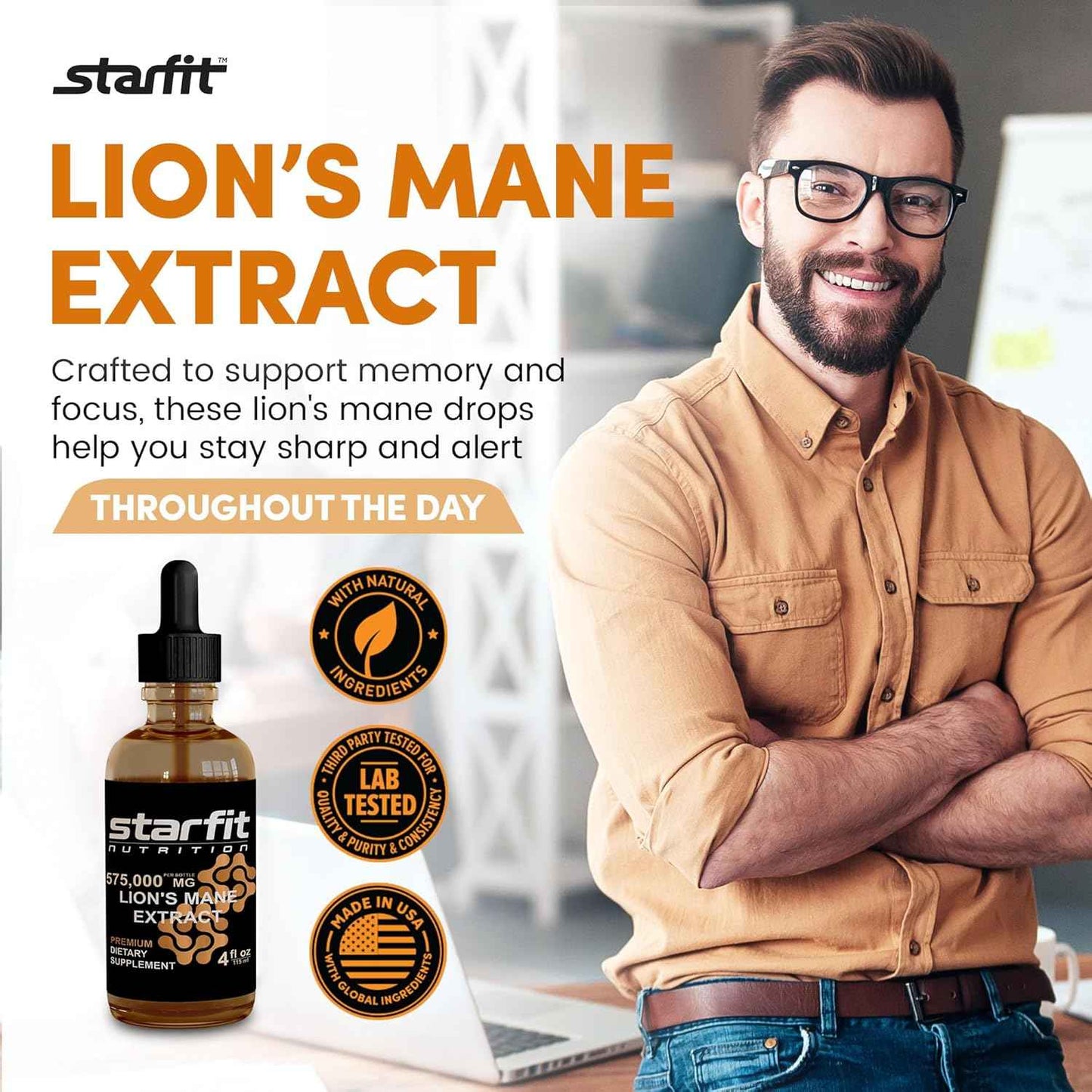 STARFIT - Lion's Mane 575,000 Mg Extract, Lions Mane Liquid Supplement, Lion's Mane Mushroom Extract for Immune Support, Memory Enhancement, and Digestive Health, 4 fl oz (Pack of 3)