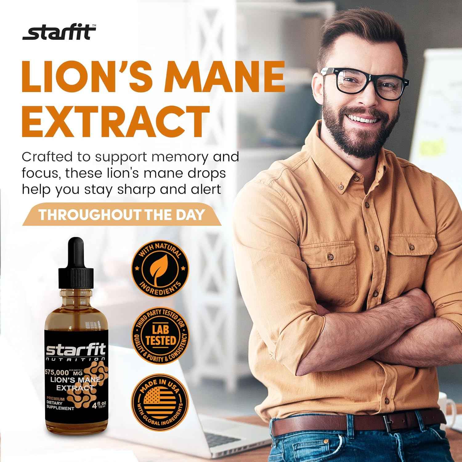 STARFIT - Lion's Mane 575,000 Mg Extract, Lions Mane Liquid Supplement, Lion's Mane Mushroom Extract for Immune Support, Memory Enhancement, and Digestive Health, 4 fl oz (Pack of 3)