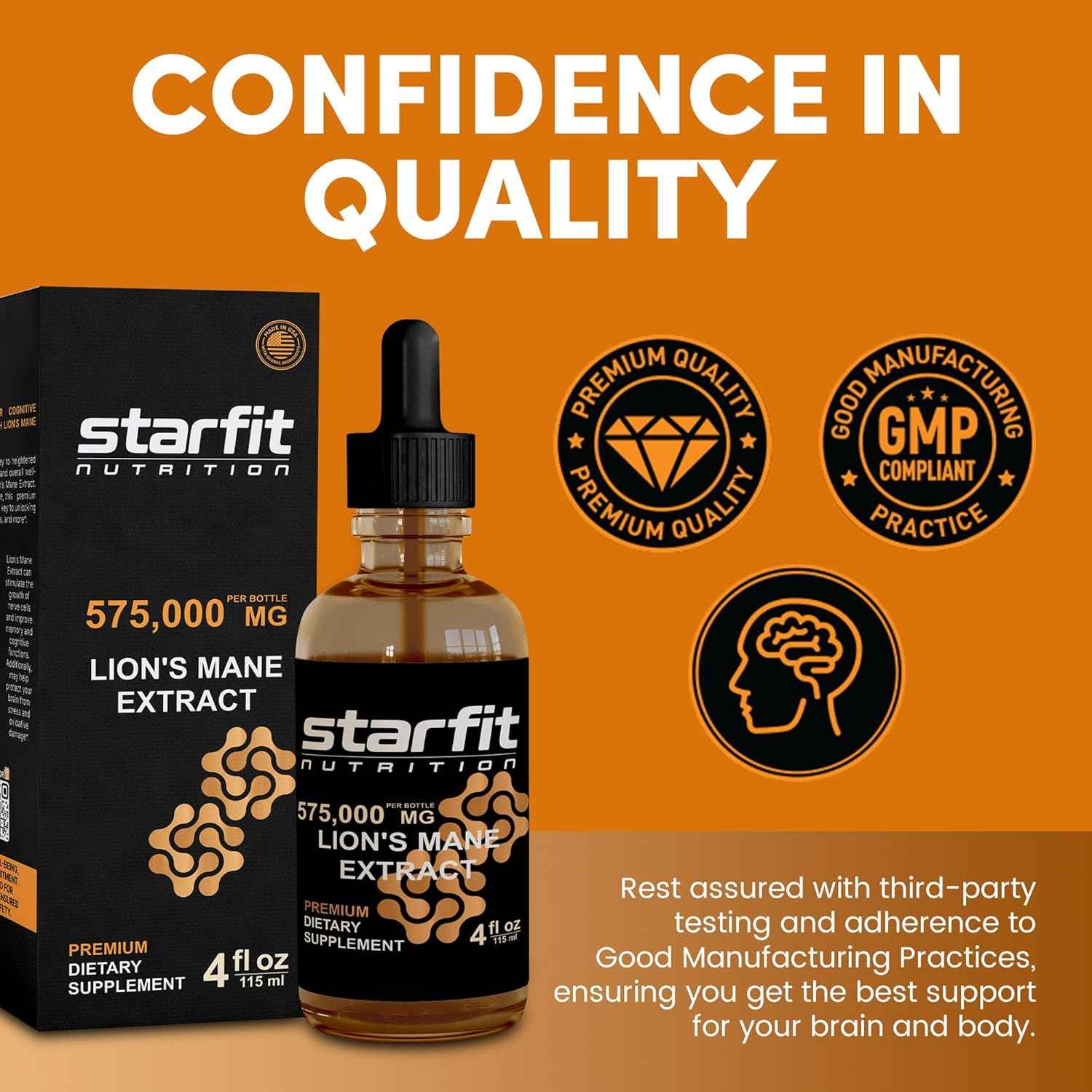 STARFIT - Lion's Mane 575,000 Mg Extract, Lions Mane Liquid Supplement, Lion's Mane Mushroom Extract for Immune Support, Memory Enhancement, and Digestive Health, 4 fl oz (Pack of 3)