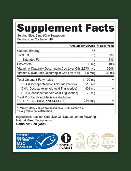 Steward Wild-Caught Alaskan Liquid Cod Liver Oil 8 oz. | Rich in Omega-3 EPA, DHA, DPA, SPMs + Natural Vitamins A & D