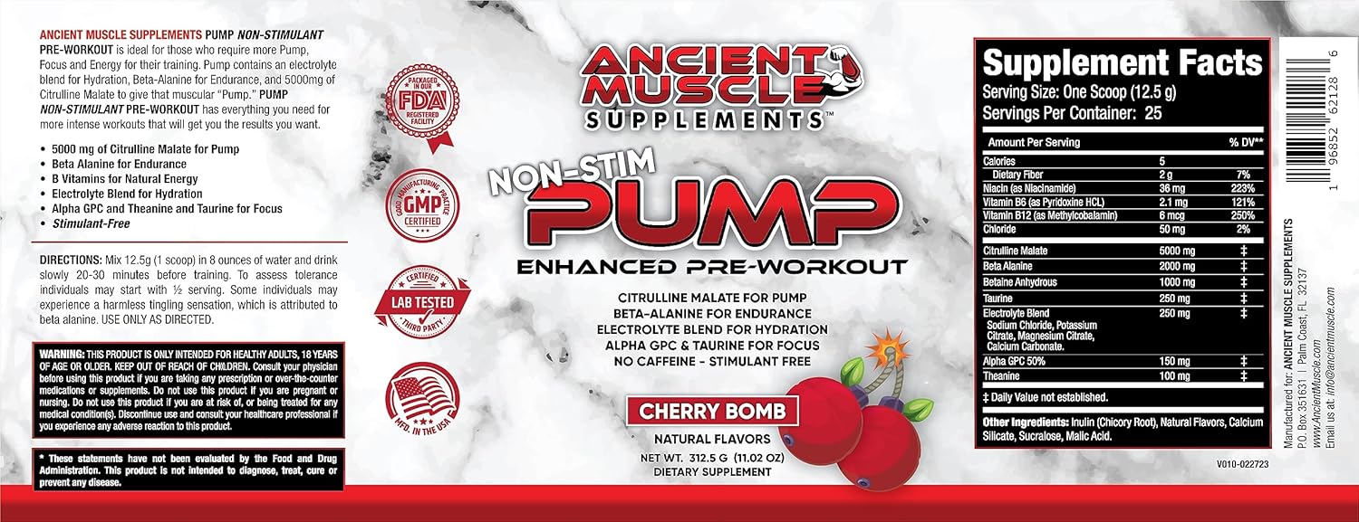 Stimulant-Free Pre Workout Pump Supplement with Citrulline Malate, Beta Alanine, Alpha GPC, Taurine & Electrolytes - Enhances Energy, Focus & Absorption - Cherry Bomb Flavor - 11.02 Oz