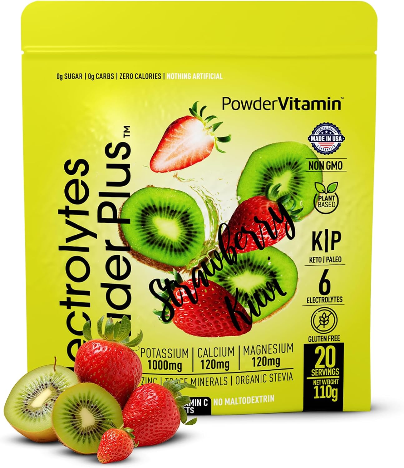 Strawberry Kiwi Electrolyte Powder with Vitamin C - Zero Calorie Keto Friendly Mix with Potassium, Calcium, Magnesium, and Pink Himalayan Salt (20 Servings)