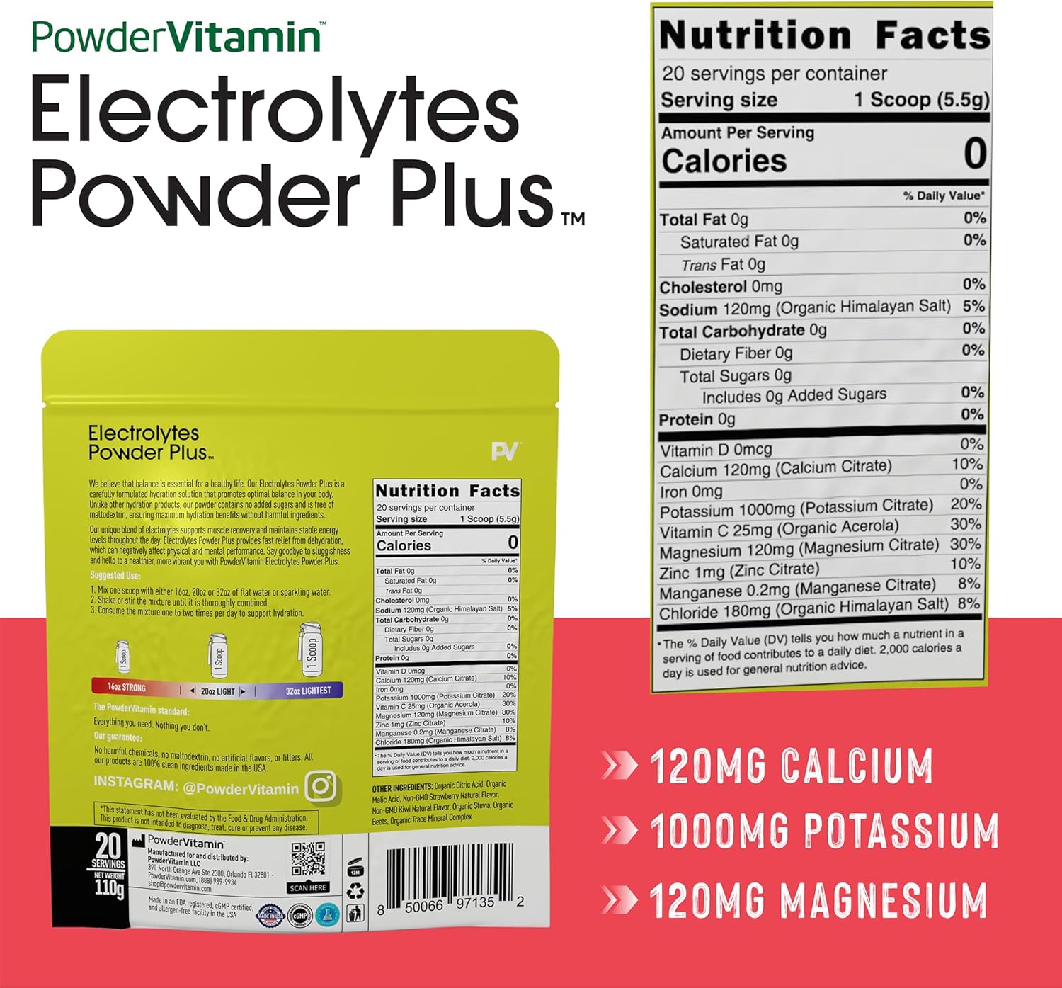 Strawberry Kiwi Electrolyte Powder with Vitamin C - Zero Calorie Keto Friendly Mix with Potassium, Calcium, Magnesium, and Pink Himalayan Salt (20 Servings)