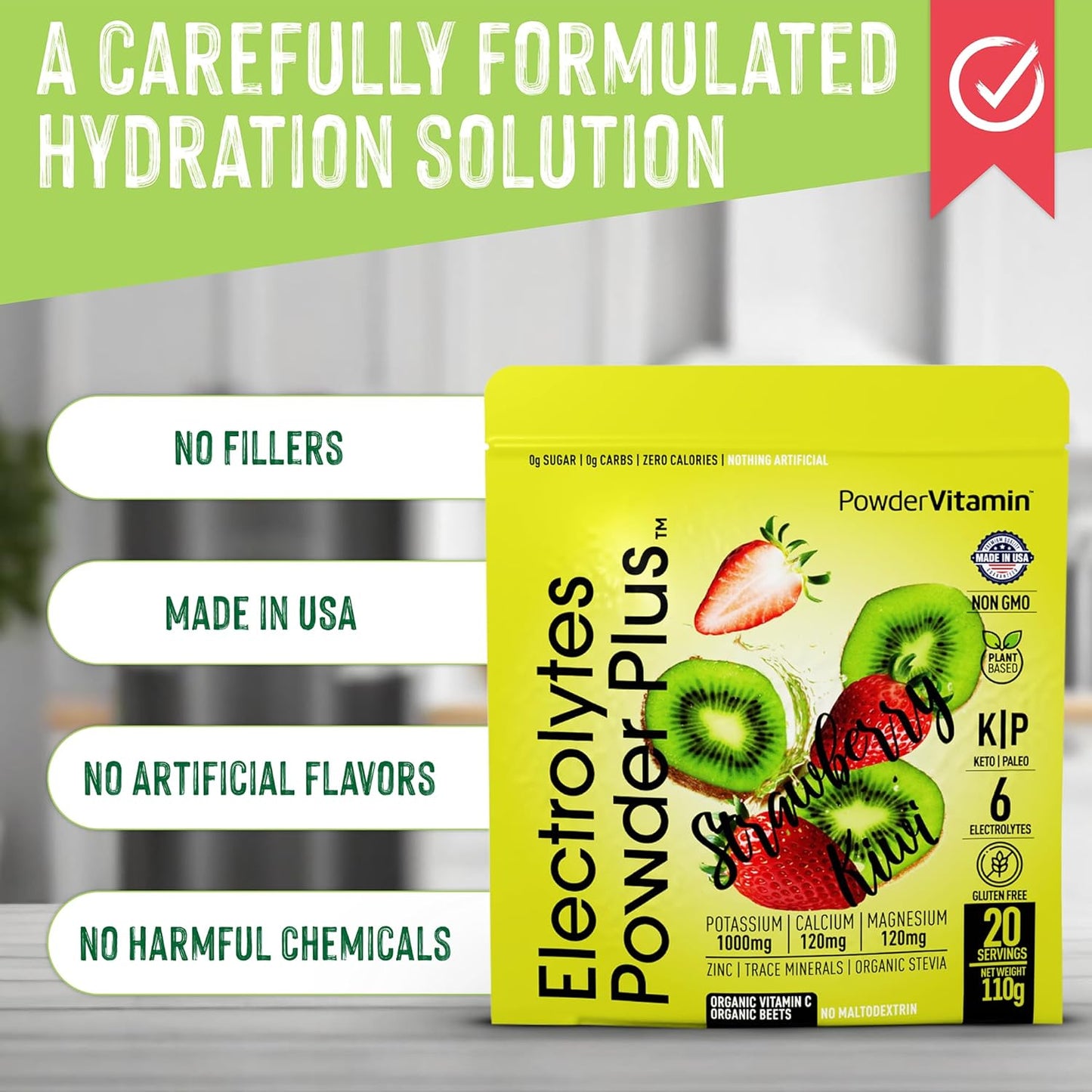 Strawberry Kiwi Electrolyte Powder with Vitamin C - Zero Calorie Keto Friendly Mix with Potassium, Calcium, Magnesium, and Pink Himalayan Salt (20 Servings)