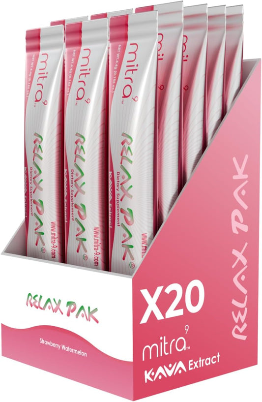 Strawberry Watermelon Kava Extract Powder Packets - Mitra9 Kava RelaxPak for Natural Calm & Clarity - 20 Single-Serving Sticks