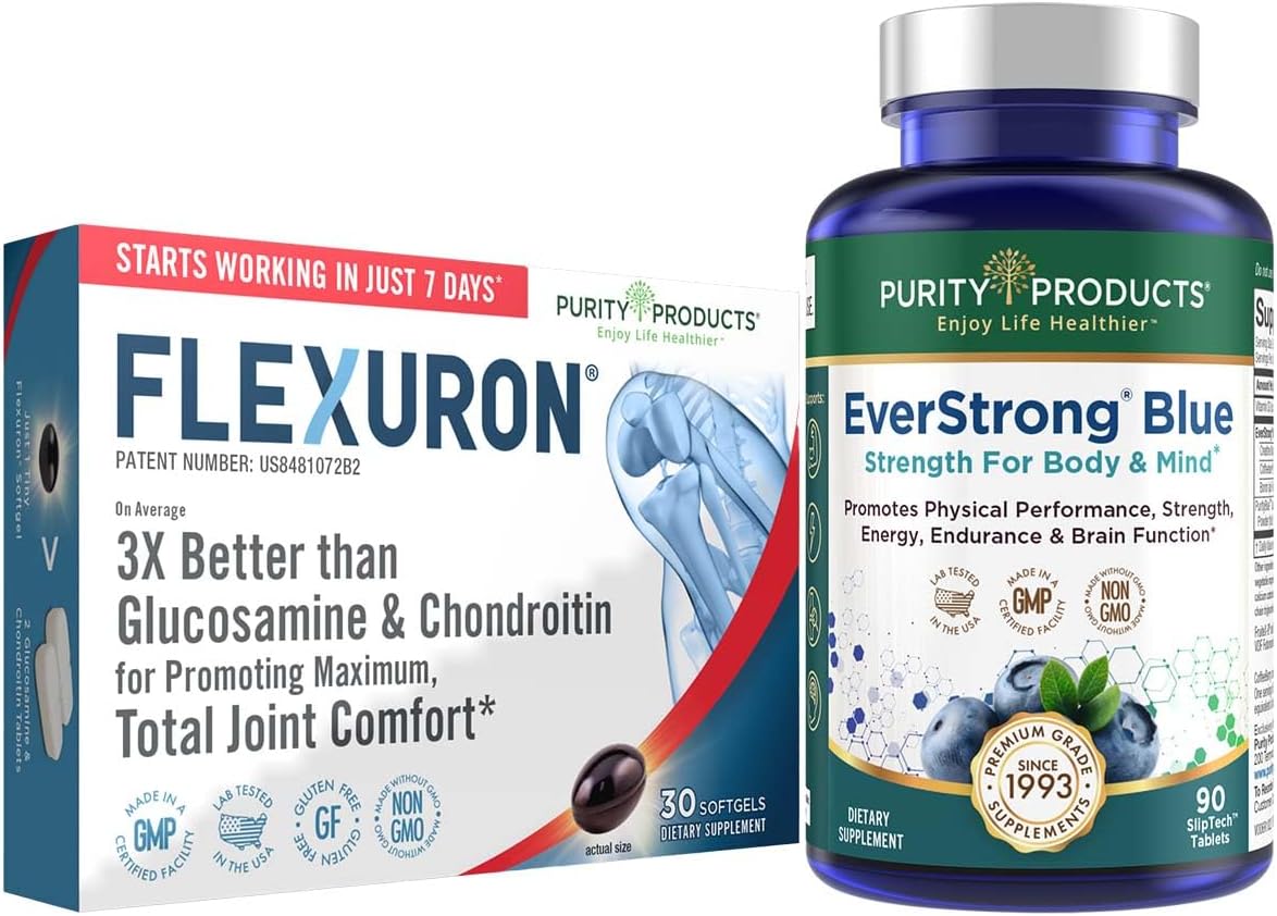 Strength and Flexibility Power Pack: Flexuron Joint Formula + EverStrong Blue Tablets - Krill Oil, Hyaluronic Acid, Astaxanthin - Muscle Matrix Formula