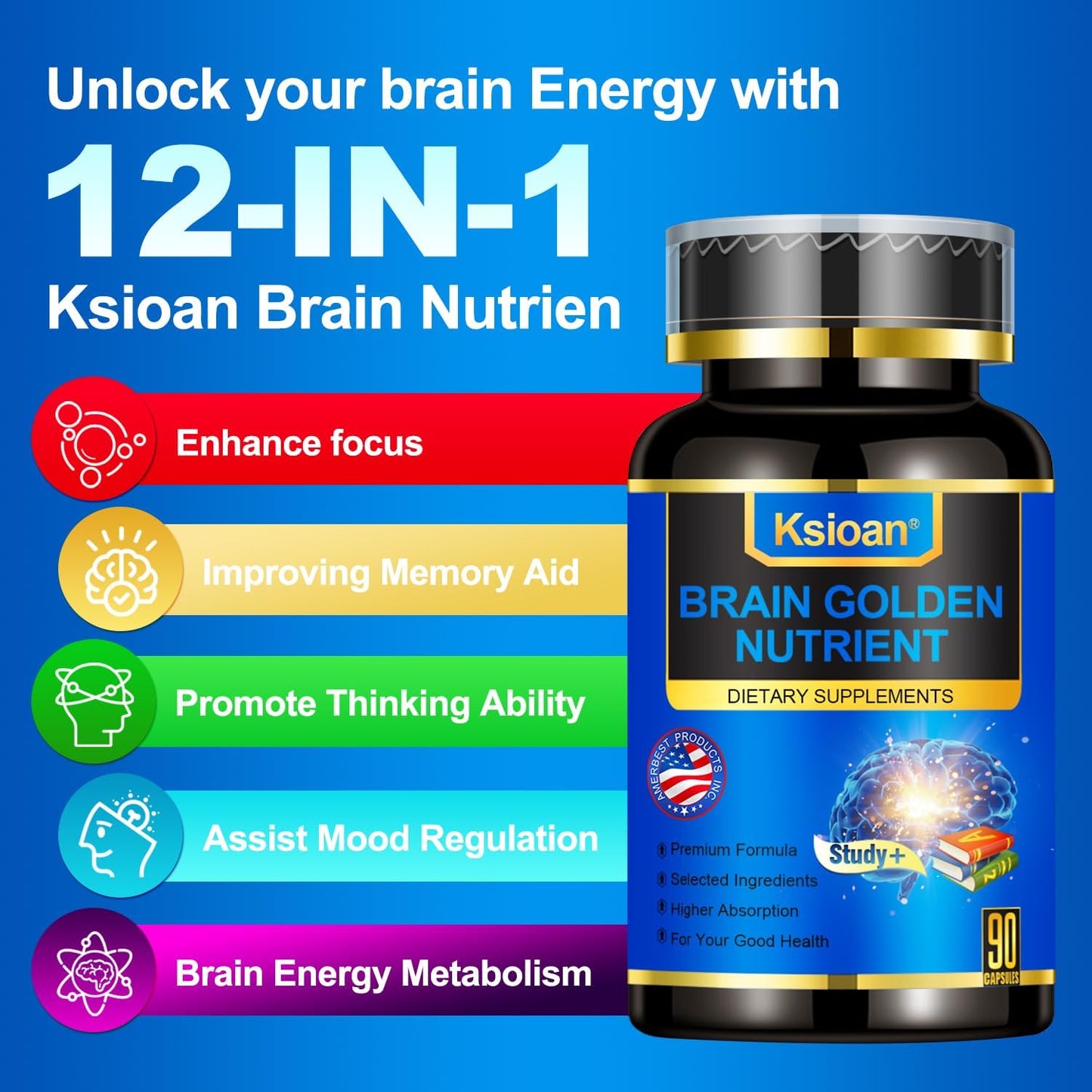 Study Memory & Focus Strength Supplement with DHA, PhosphatidylSerine, Turmeric, & More - 90 Capsules for Mental Clarity & Cognitive Enhancement