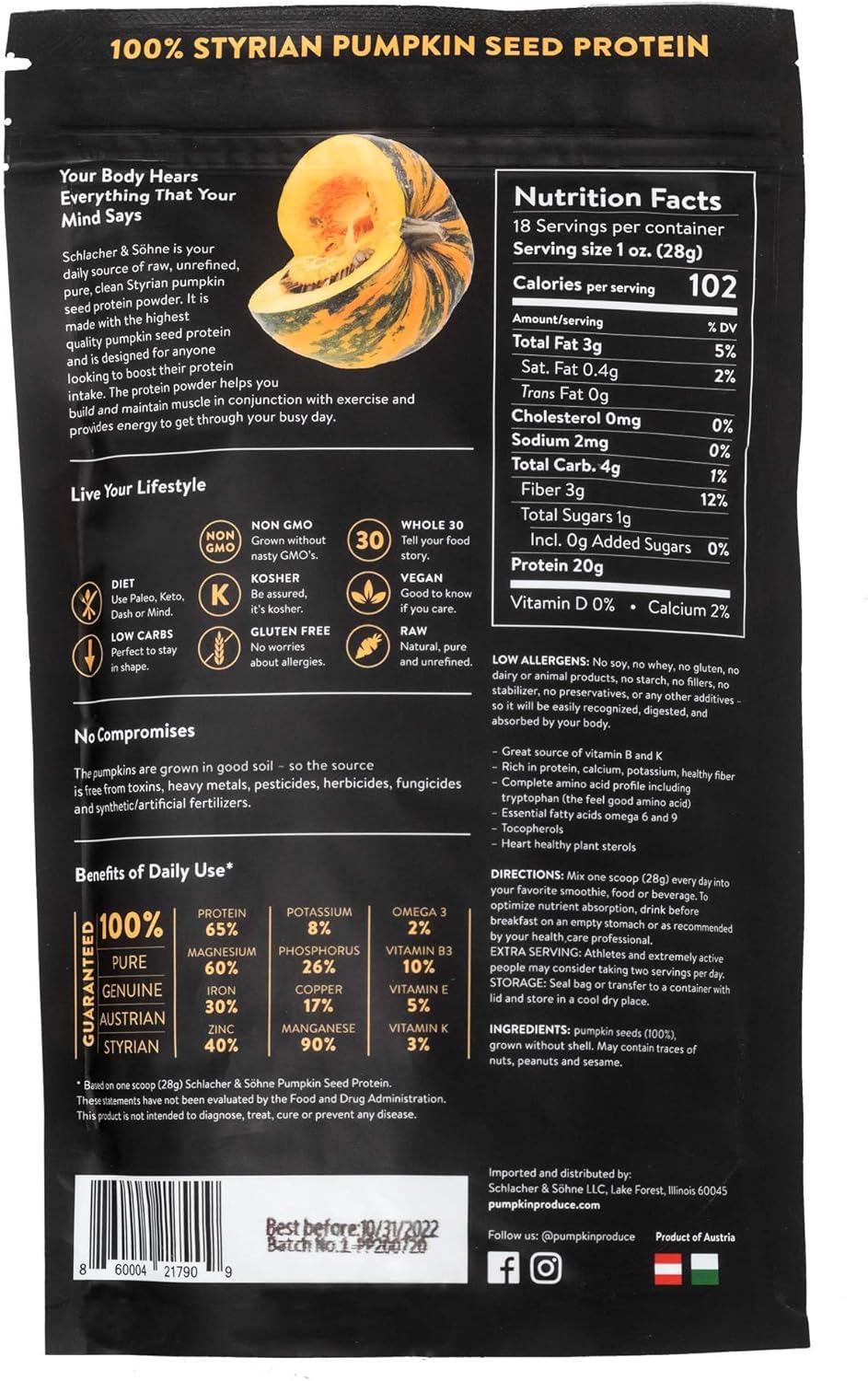 Styrian Pumpkin Seed Protein Powder 100% Pure Plant Protein Non GMO Gluten Free Vegan Boosts Immune System Improves Digestion Made in Austria - 2 Pack
