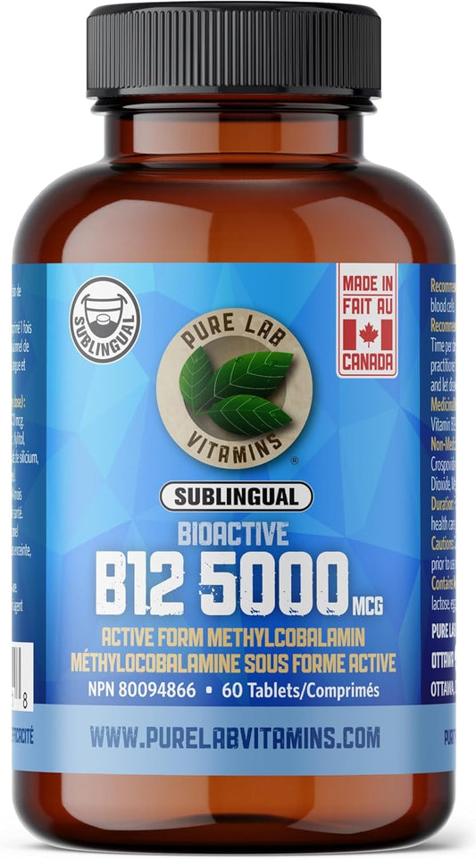 Sublingual Bioactive B12 5000mcg Tablets - Pure Lab Vitamins - Methylcobalamin - Prevent Deficiency - Nervous System Support