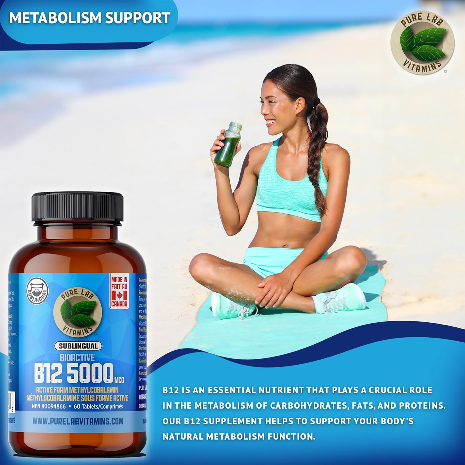 Sublingual Bioactive B12 5000mcg Tablets - Pure Lab Vitamins - Methylcobalamin - Prevent Deficiency - Nervous System Support