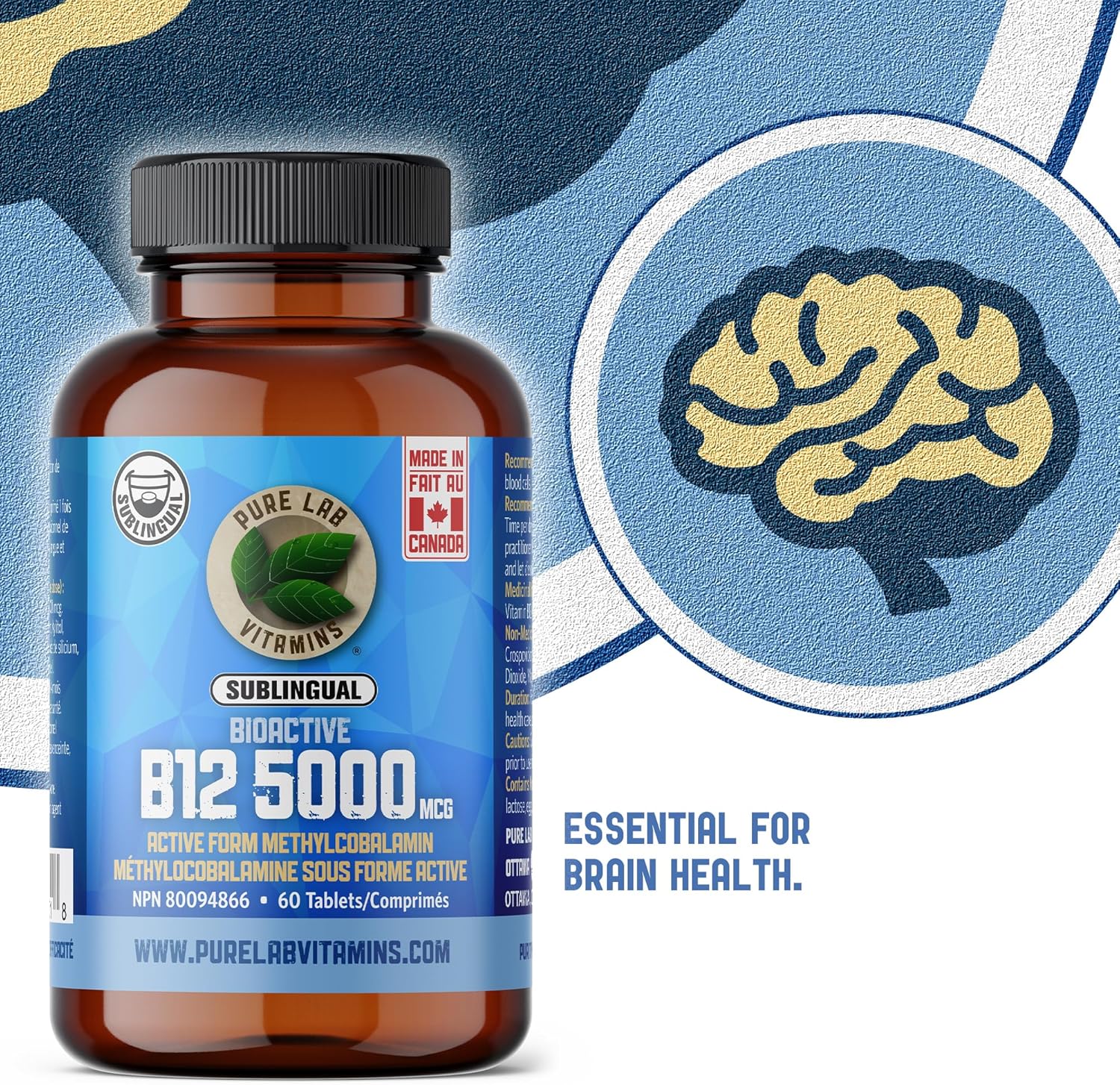 Sublingual Bioactive B12 5000mcg Tablets - Pure Lab Vitamins - Methylcobalamin - Prevent Deficiency - Nervous System Support