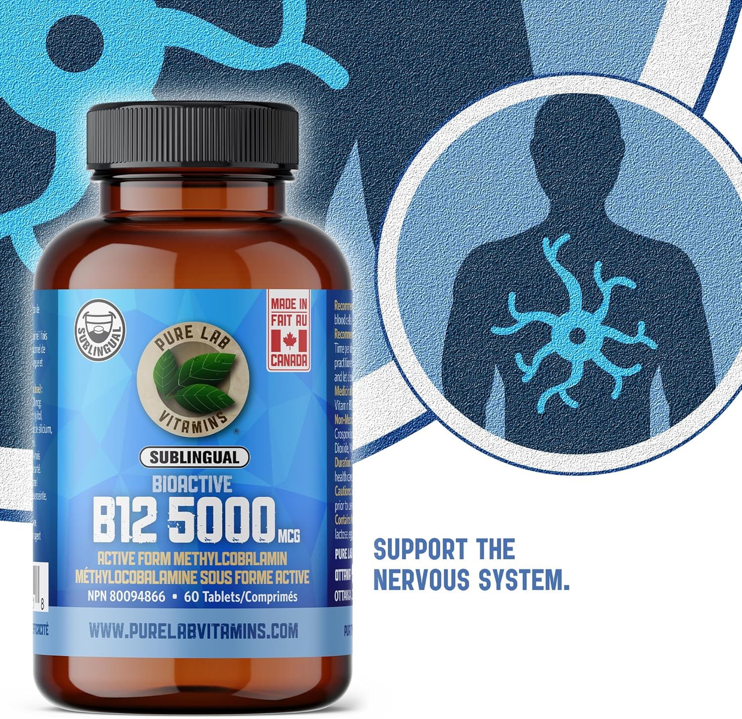 Sublingual Bioactive B12 5000mcg Tablets - Pure Lab Vitamins - Methylcobalamin - Prevent Deficiency - Nervous System Support