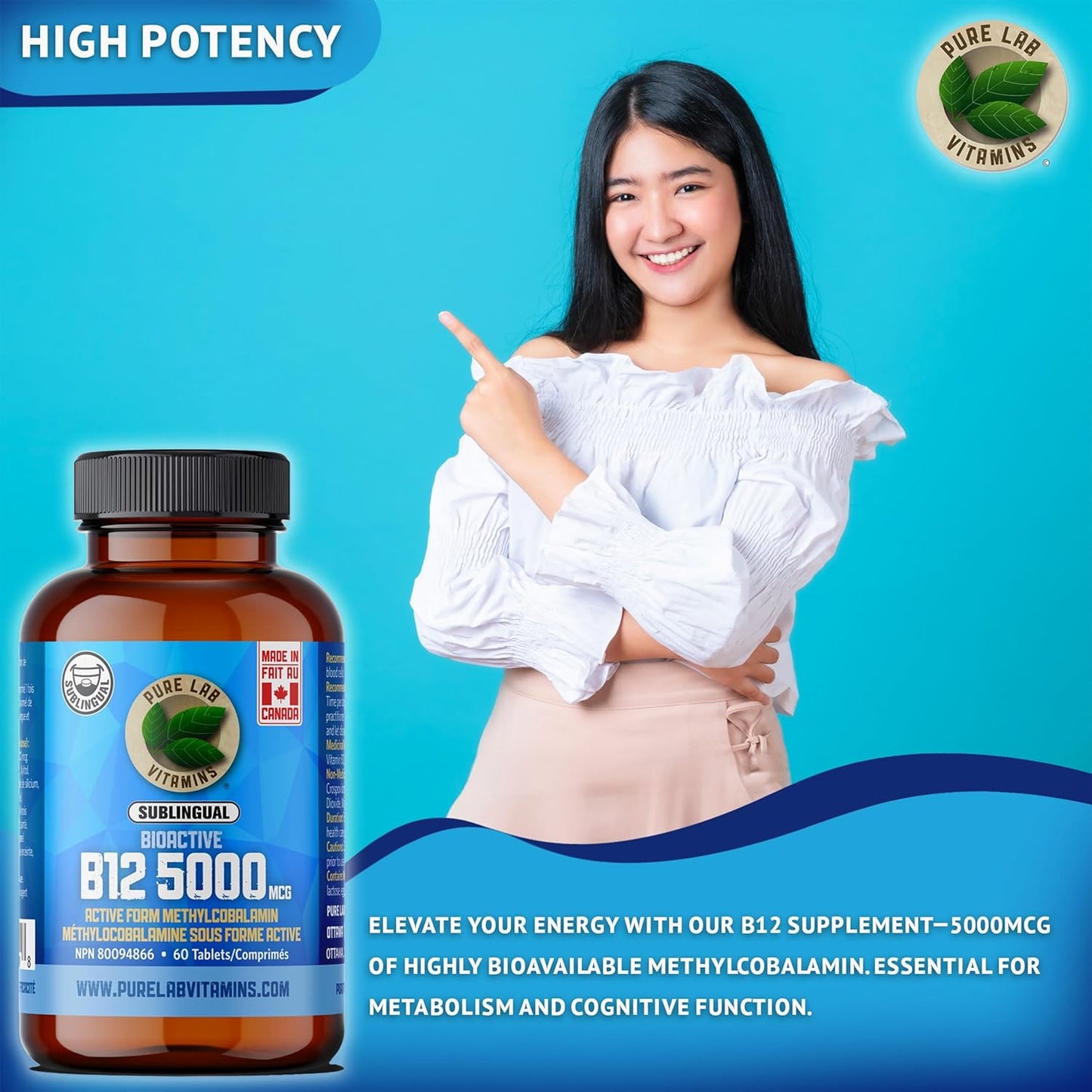 Sublingual Bioactive B12 5000mcg Tablets - Pure Lab Vitamins - Methylcobalamin - Prevent Deficiency - Nervous System Support