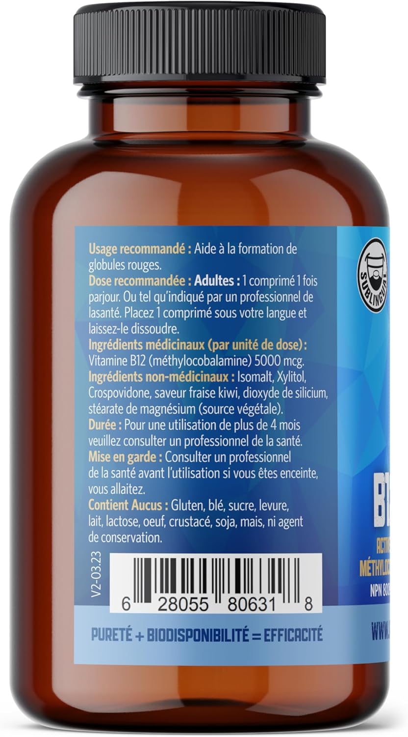Sublingual Bioactive B12 5000mcg Tablets - Pure Lab Vitamins - Methylcobalamin - Prevent Deficiency - Nervous System Support