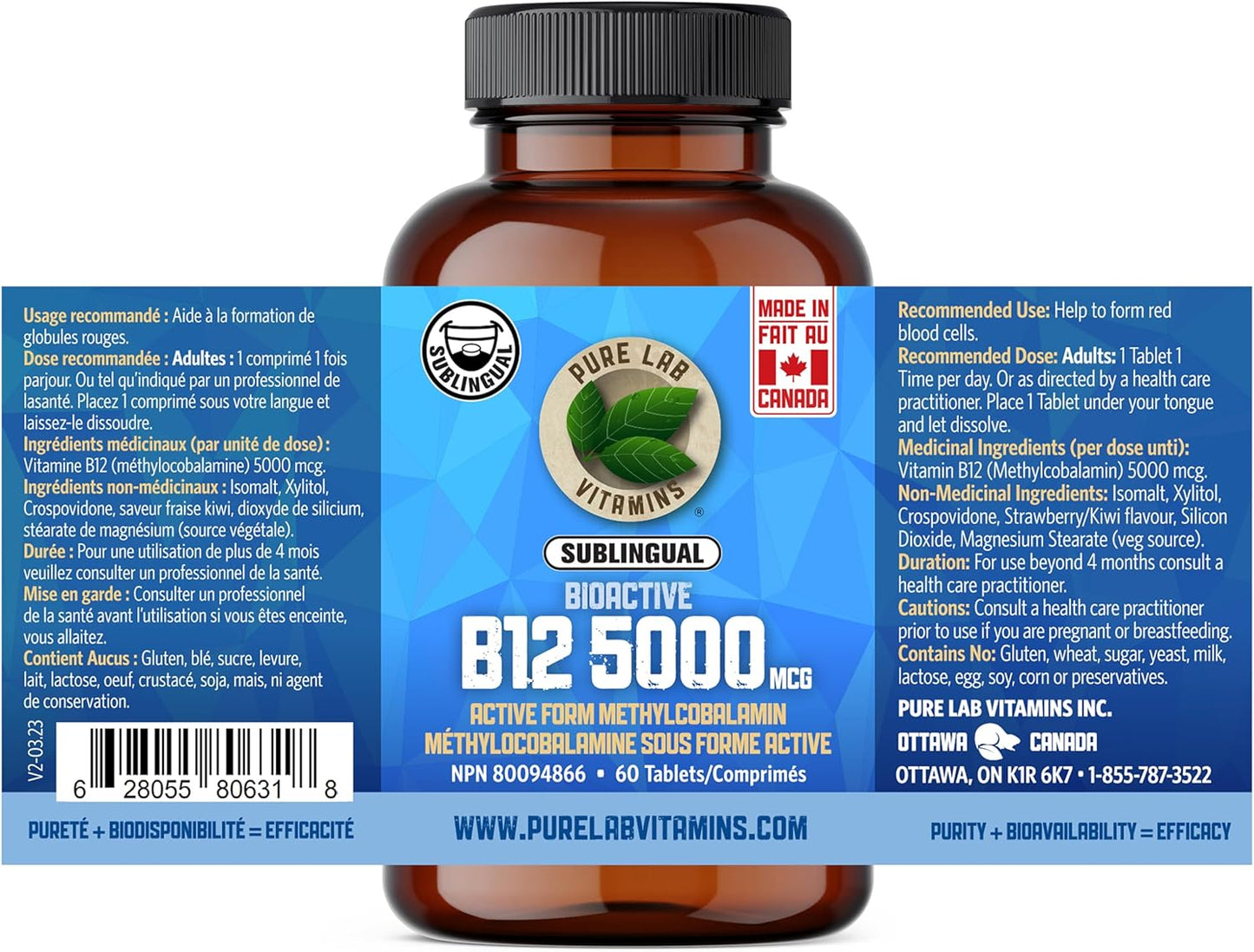Sublingual Bioactive B12 5000mcg Tablets - Pure Lab Vitamins - Methylcobalamin - Prevent Deficiency - Nervous System Support