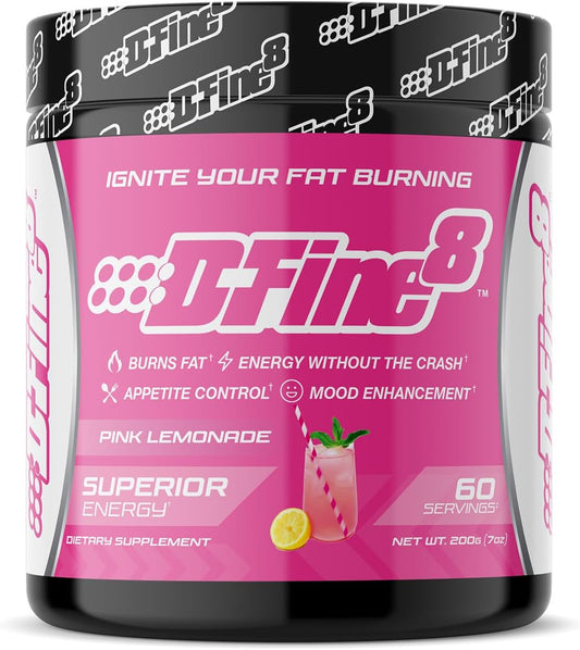 Sugar-Free D-Fine8 Thermogenic Pre-Workout Powder with Senactiv & Caffeine for Energy, Mood, and Focus - Pink Lemonade Flavor