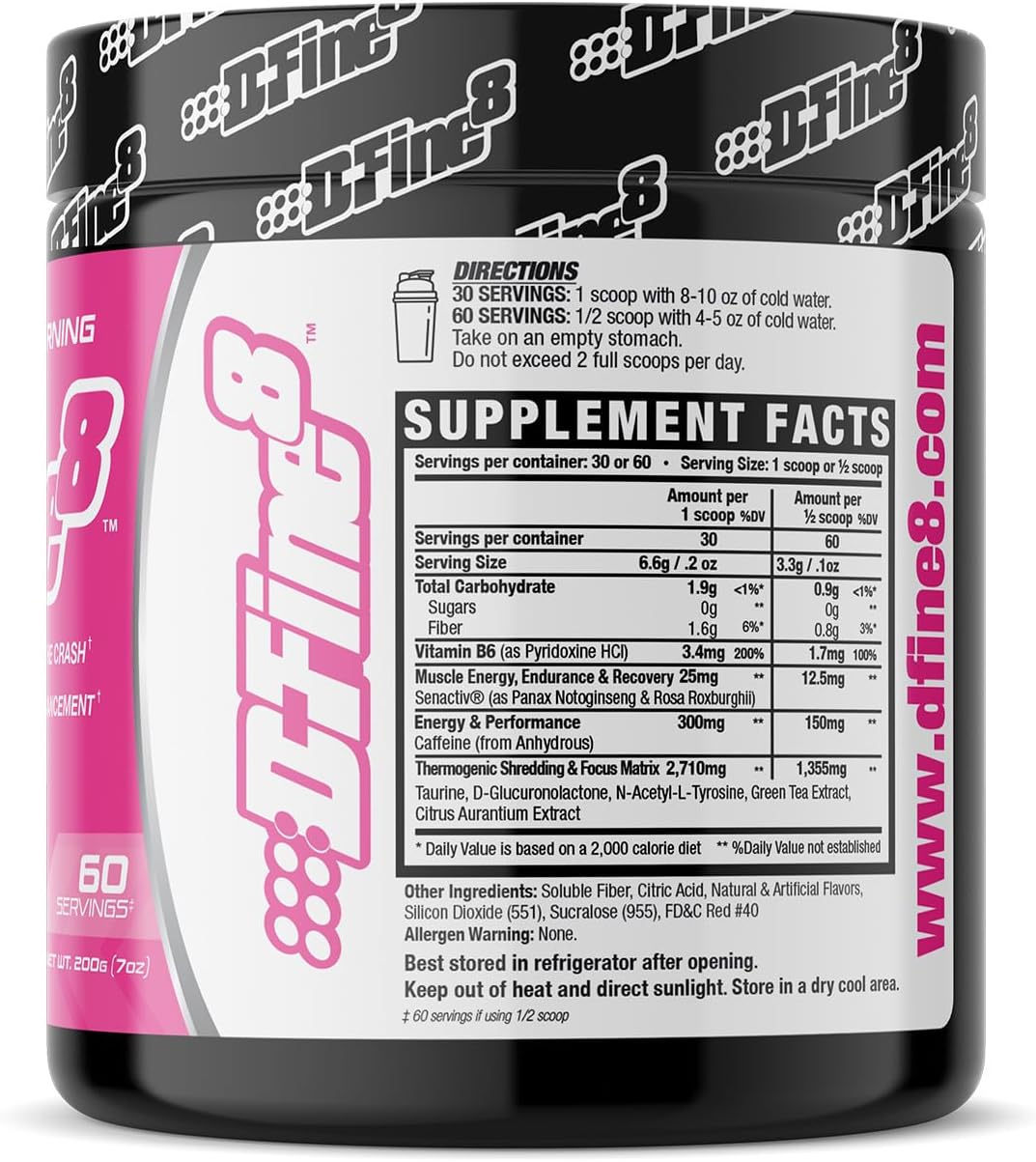 Sugar-Free D-Fine8 Thermogenic Pre-Workout Powder with Senactiv & Caffeine for Energy, Mood, and Focus - Pink Lemonade Flavor