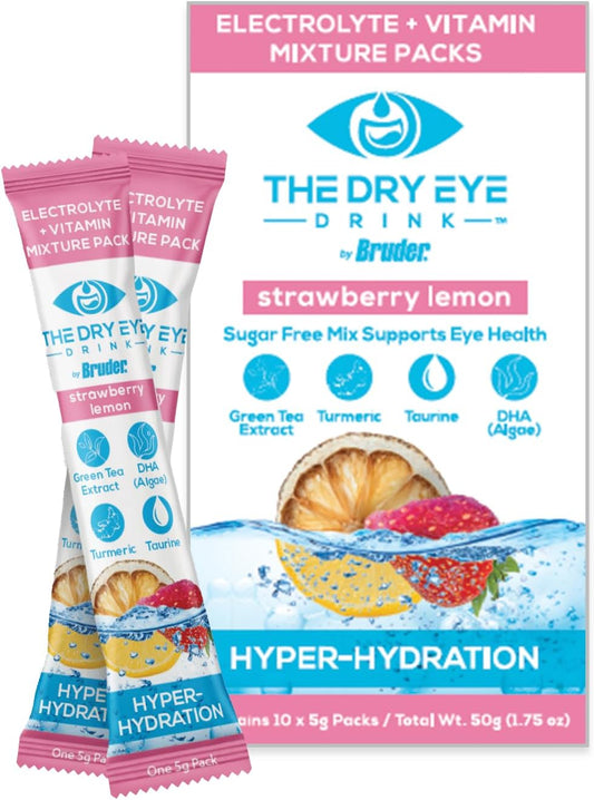 Sugar-Free Electrolyte Powder Packets for Dry Eyes l Hydrating Blend of Vitamins, Green Tea, Turmeric l 5g x 10 Packets (Strawberry Lemon)