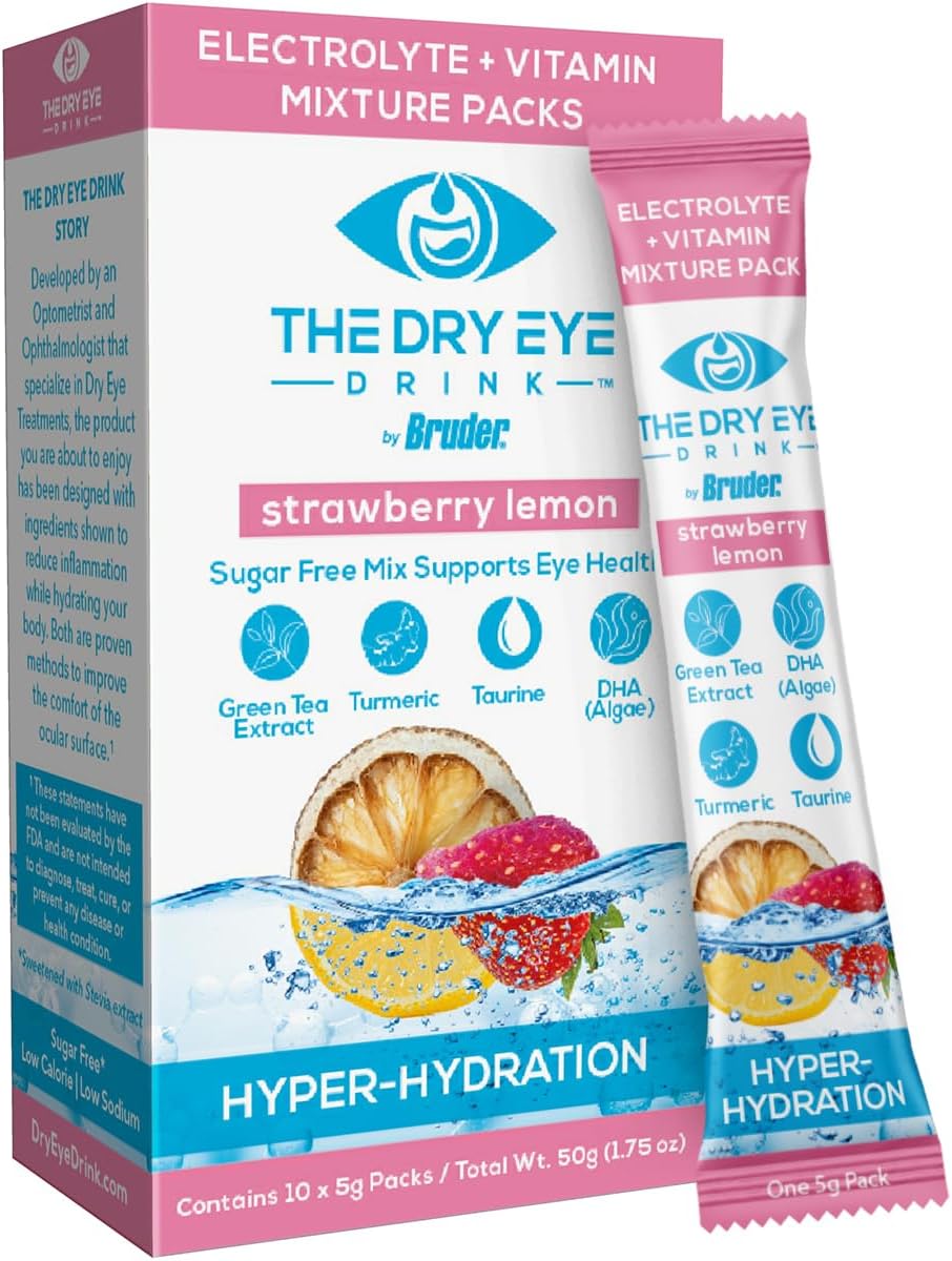 Sugar-Free Electrolyte Powder Packets for Dry Eyes l Hydrating Blend of Vitamins, Green Tea, Turmeric l 5g x 10 Packets (Strawberry Lemon)