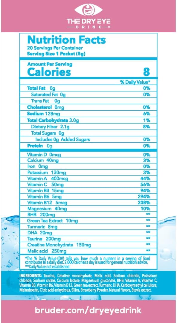 Sugar-Free Electrolyte Powder Packets for Dry Eyes l Hydrating Blend of Vitamins, Green Tea, Turmeric l 5g x 10 Packets (Strawberry Lemon)