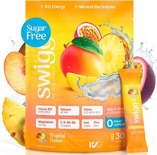 Sugar-Free Electrolyte Powder Packets with Multivitamins - Tropical Fusion Flavor, Vitamin B12, B5, B6, C, D, Folate - Hydration Drink Mix - 30 Sticks