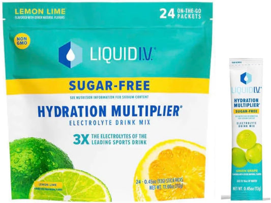 Sugar-Free Lemon Lime Hydration Powder Packets - Electrolyte Drink Mix, Non-GMO, Easy Open Stick Packs, 24 Sticks + 1 Free Green Grape Pack