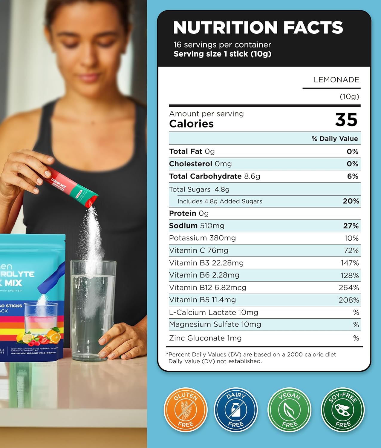 Sugar-Free Lenmen Electrolyte Powder with Natural Flavors - Daily Hydration Boost for Energy and Recovery - Vegan, Keto, Gluten-Free - 10 Electrolytes & Vitamins