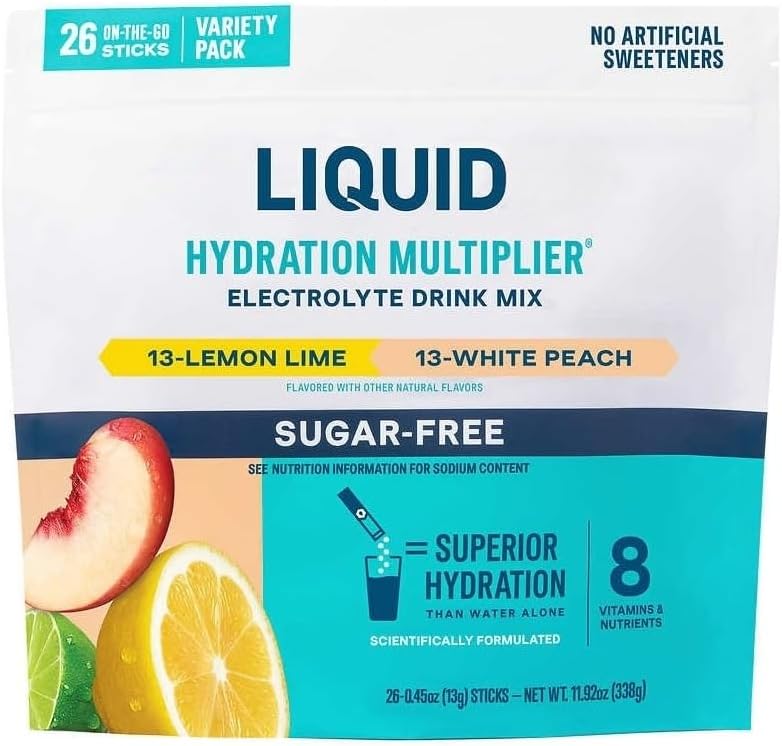 Sugar-Free Liquid Hydration Multiplier Variety Pack - 26 Pack, White Peach & Lemon Lime Flavors, Easy Open Single-Serving Sticks, Non-GMO