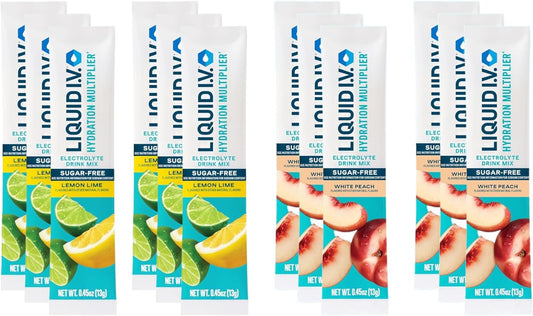 Sugar-Free Liquid Hydration Multiplier Variety Pack - 12 Pack with White Peach and Lemon Lime Flavors - Easy Open Single-Serving Sticks - Non-GMO