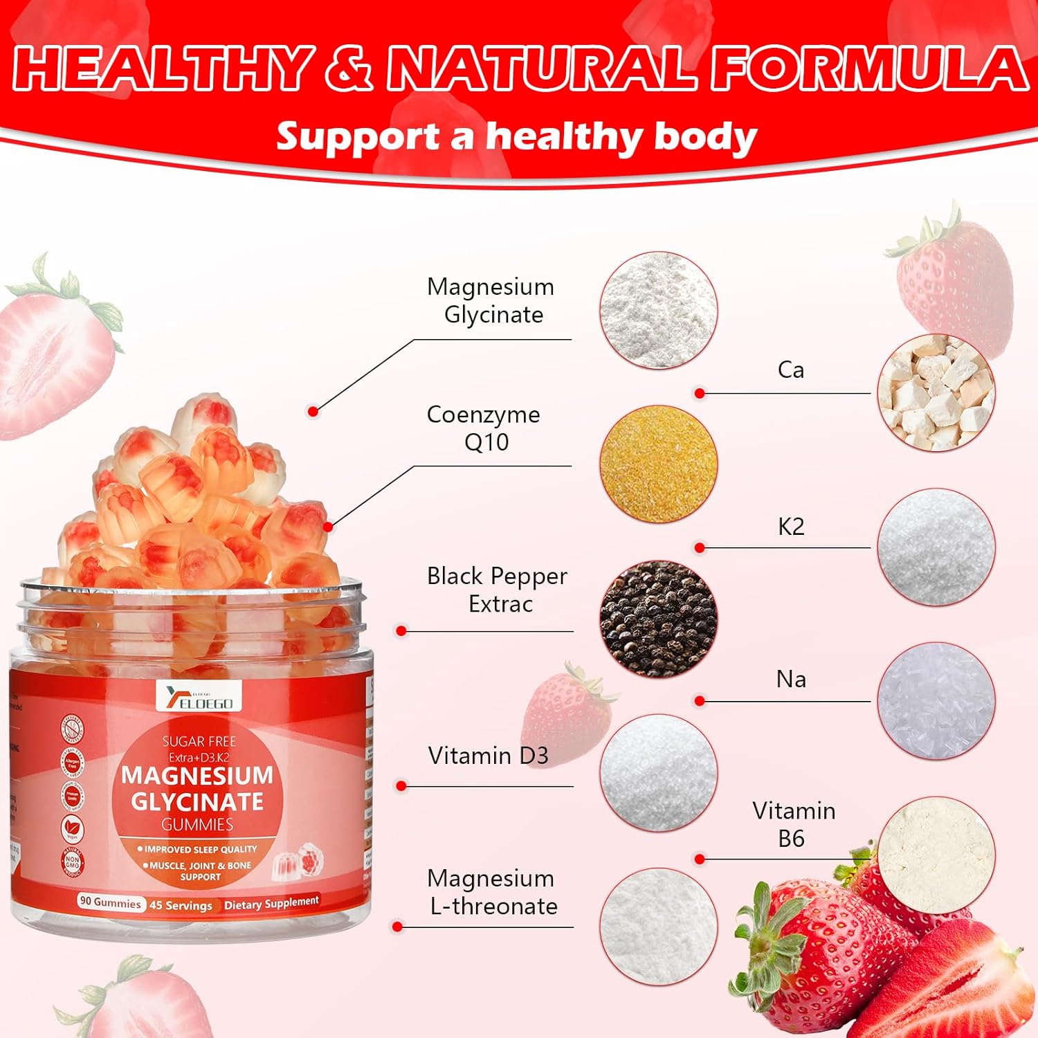 Sugar-Free Magnesium Glycinate Gummies 600mg with Potassium, Vitamin D3, K2, B6, CoQ10 - Strawberry Flavored Supplement for Calm, Sleep, Muscle Support - 90 Count