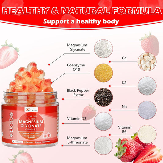 Sugar-Free Magnesium Glycinate Gummies 600mg with Potassium, Vitamin D3, K2, B6, CoQ10 - Strawberry Flavored Supplement for Calm, Sleep, Muscle Support - 90 Count