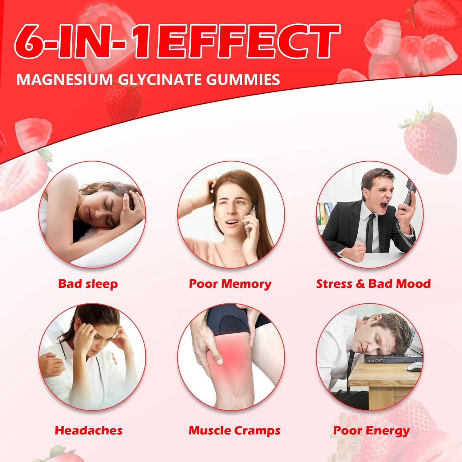 Sugar-Free Magnesium Glycinate Gummies 600mg with Potassium, Vitamin D3, K2, B6, CoQ10 - Strawberry Flavored Supplement for Calm, Sleep, Muscle Support - 90 Count