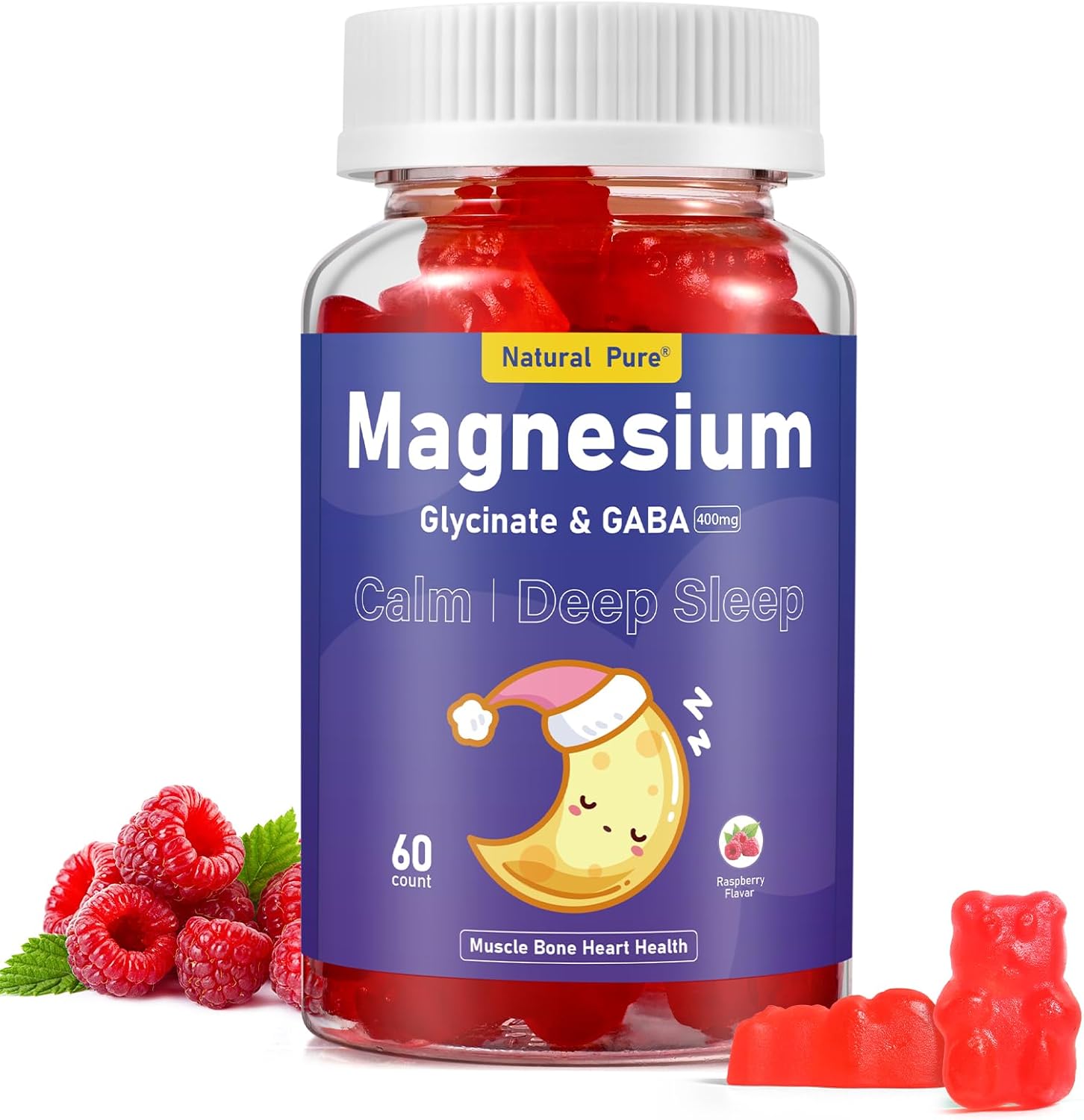 Sugar-Free Magnesium Glycinate Gummies with GABA for Calm & Bedtime - 400mg Supplement with Vitamin D, B6, CoQ10 - Natural Formula for Kids & Adults