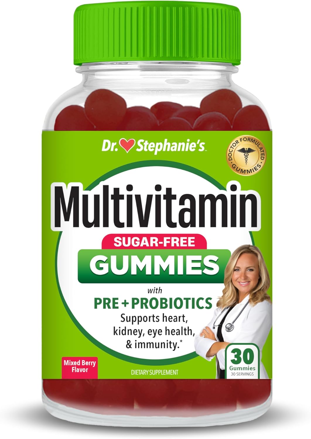Sugar-Free Multivitamin Gummies with Prebiotics & Probiotics for Daily Eye, Kidney, Liver, Heart, & Digestive Health - Mixed Berry Flavor