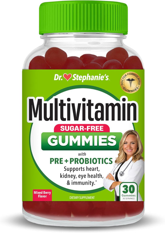 Sugar-Free Multivitamin Gummies with Prebiotics & Probiotics for Daily Eye, Kidney, Liver, Heart, & Digestive Health - Mixed Berry Flavor