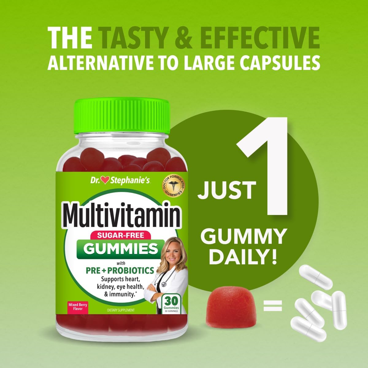 Sugar-Free Multivitamin Gummies with Prebiotics & Probiotics for Daily Eye, Kidney, Liver, Heart, & Digestive Health - Mixed Berry Flavor