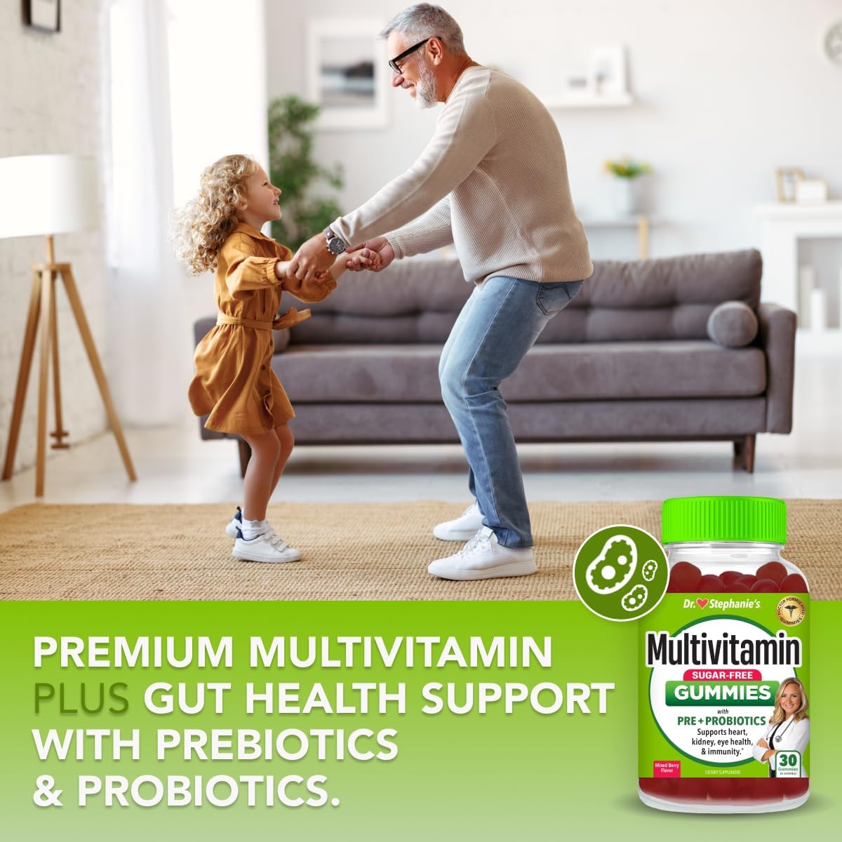 Sugar-Free Multivitamin Gummies with Prebiotics & Probiotics for Daily Eye, Kidney, Liver, Heart, & Digestive Health - Mixed Berry Flavor