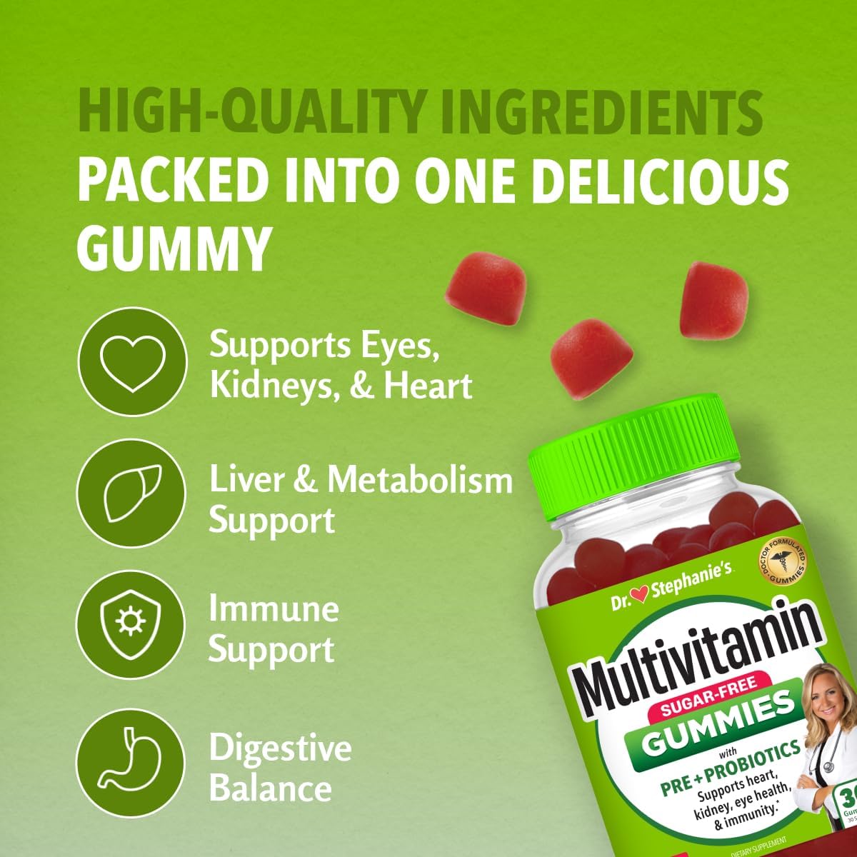 Sugar-Free Multivitamin Gummies with Prebiotics & Probiotics for Daily Eye, Kidney, Liver, Heart, & Digestive Health - Mixed Berry Flavor