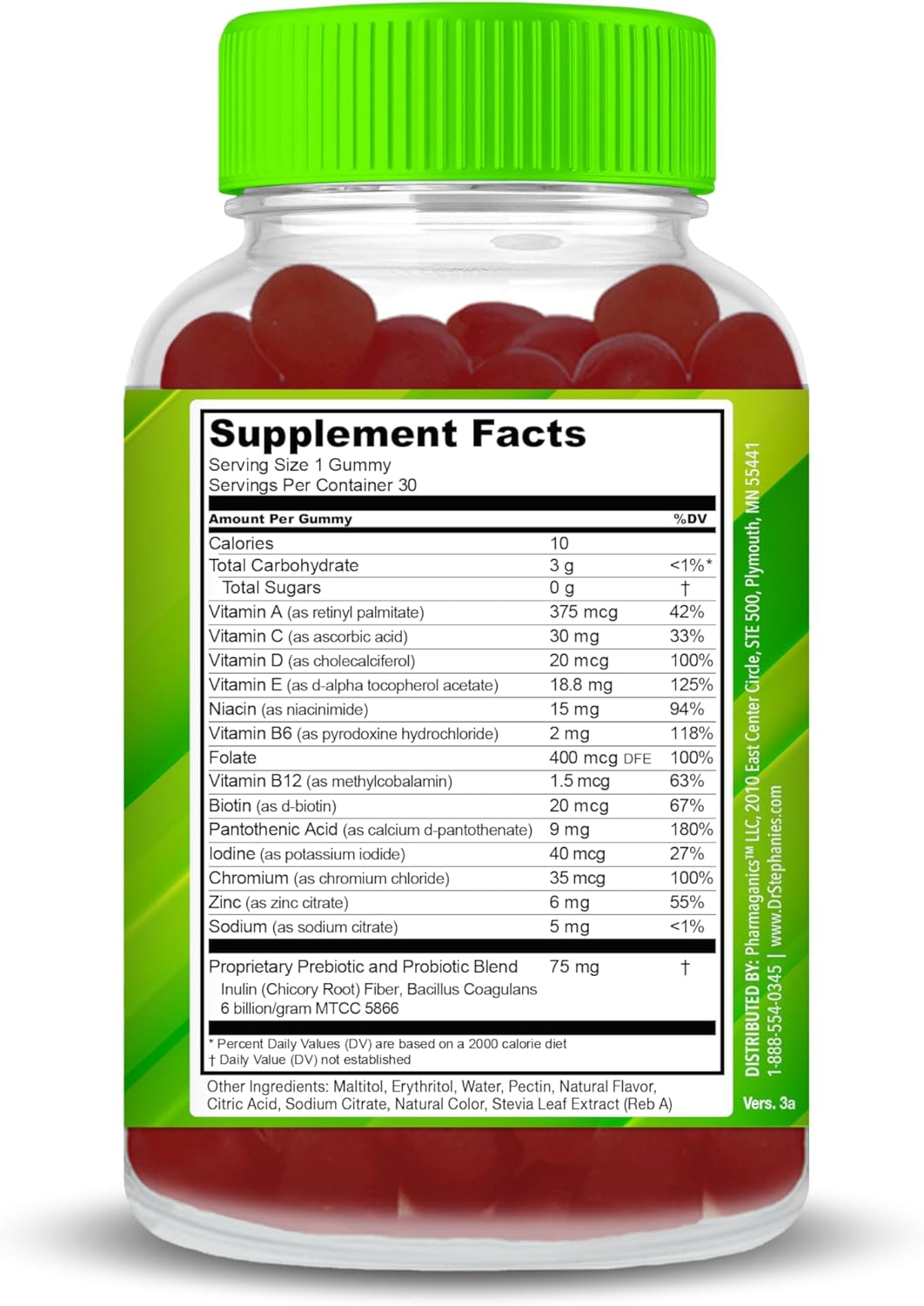 Sugar-Free Multivitamin Gummies with Prebiotics & Probiotics for Daily Eye, Kidney, Liver, Heart, & Digestive Health - Mixed Berry Flavor