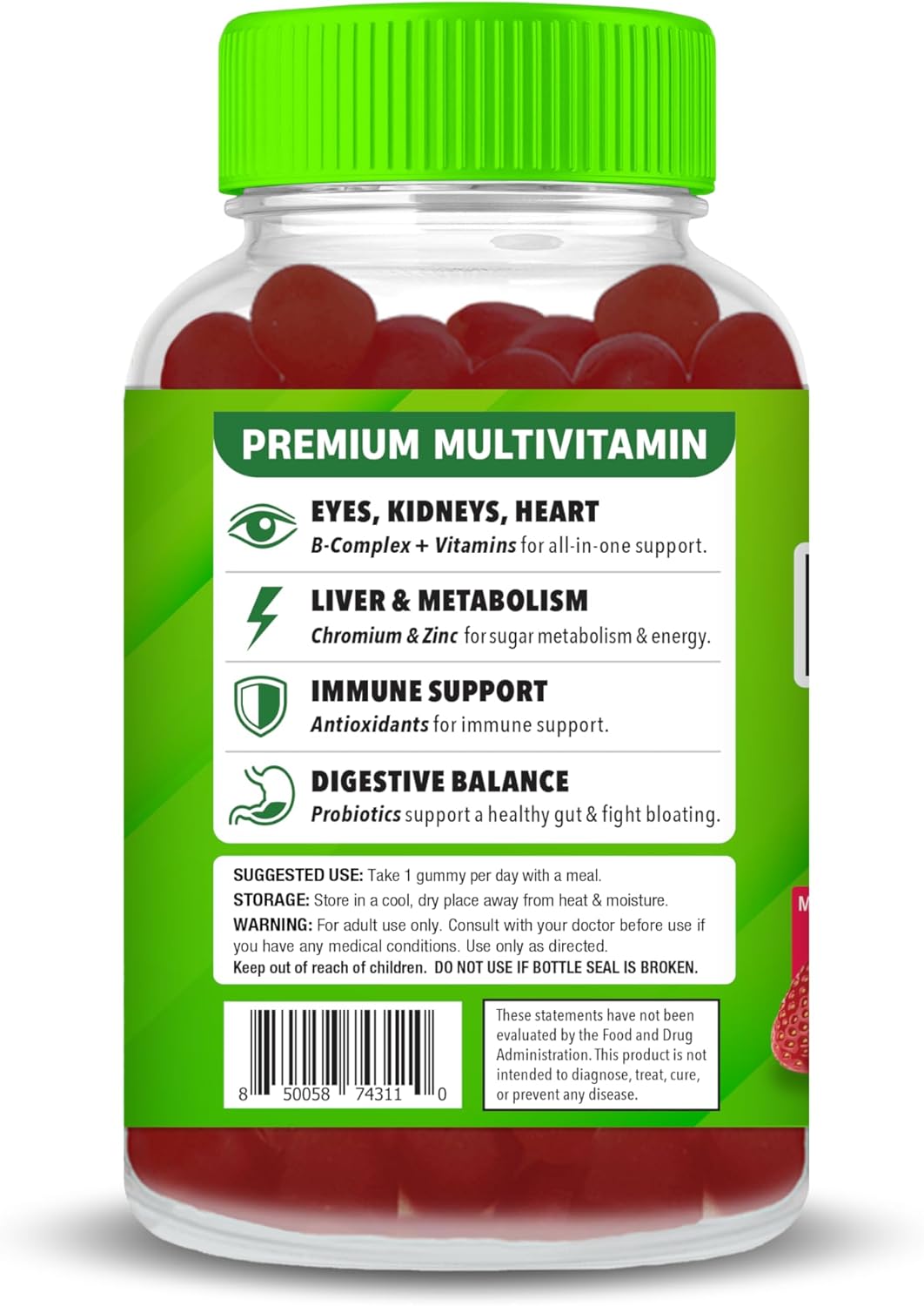 Sugar-Free Multivitamin Gummies with Prebiotics & Probiotics for Daily Eye, Kidney, Liver, Heart, & Digestive Health - Mixed Berry Flavor