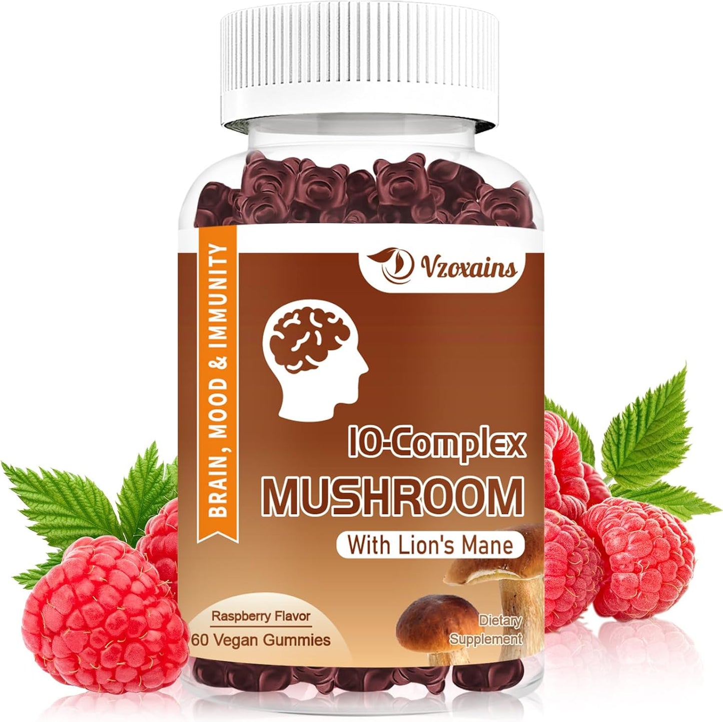 Sugar-Free Mushroom Gummies with Lion's Mane for Focus, Energy, and Immune Support - Raspberry Flavor (60ct) by VZOXAINS