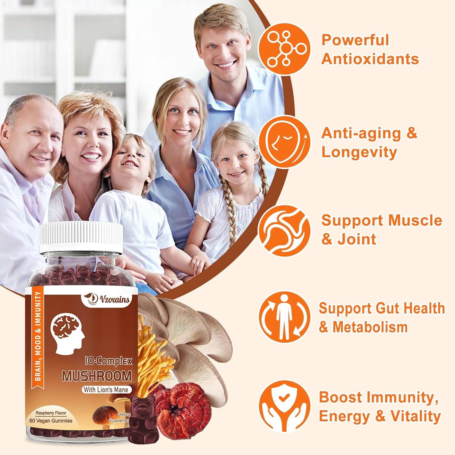 Sugar-Free Mushroom Gummies with Lion's Mane for Focus, Energy, and Immune Support - Raspberry Flavor (60ct) by VZOXAINS