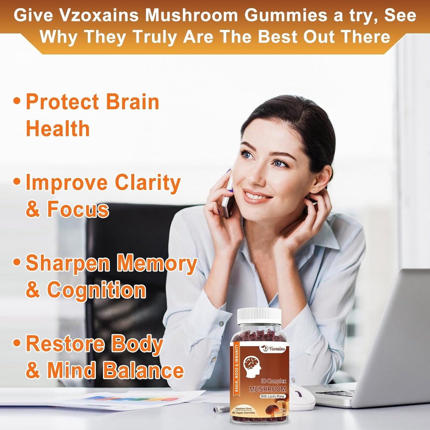 Sugar-Free Mushroom Gummies with Lion's Mane for Focus, Energy, and Immune Support - Raspberry Flavor (60ct) by VZOXAINS