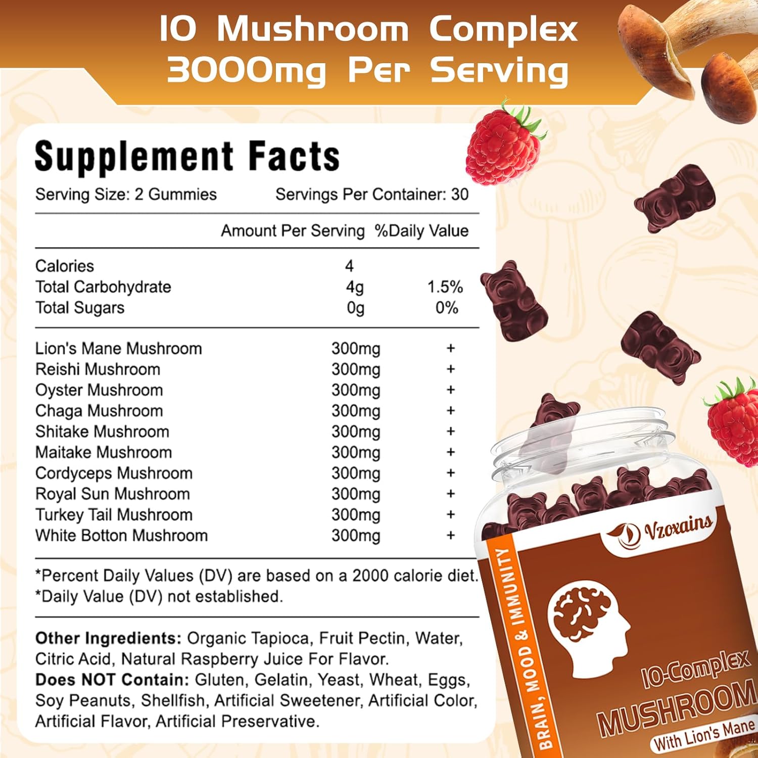 Sugar-Free Mushroom Gummies with Lion's Mane for Focus, Energy, and Immune Support - Raspberry Flavor (60ct) by VZOXAINS