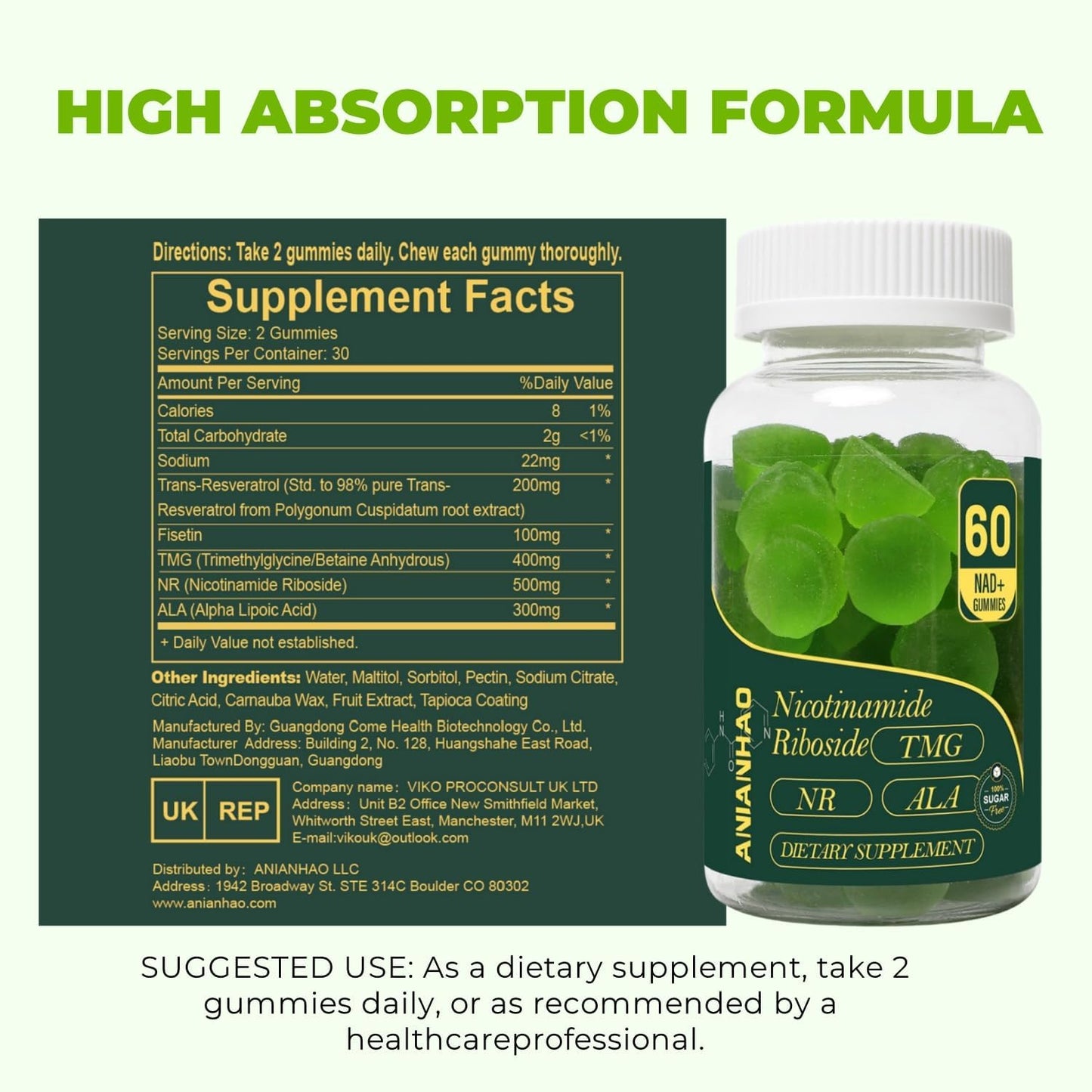 Sugar-Free NAD+ Supplement Gummies 1500MG with TMG & Niacinamide for Anti-Aging & Energy - 2 Bottles