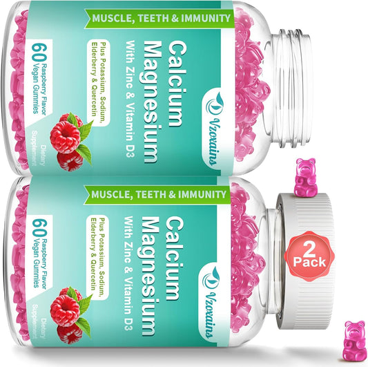 Sugar-Free Vegan Calcium Magnesium Zinc Gummies with Vitamin D3 for Bone Health - Raspberry Flavor, 120 Count