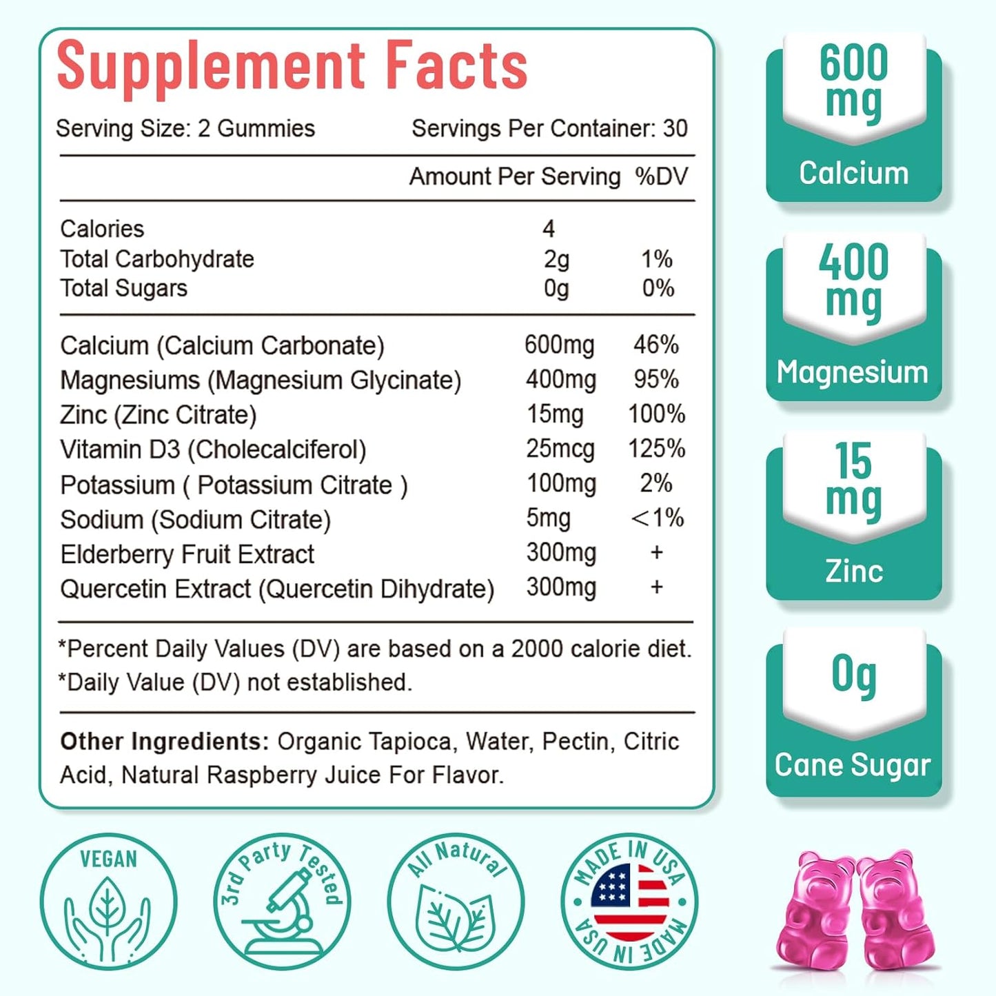 Sugar-Free Vegan Calcium Magnesium Zinc Gummies with Vitamin D3 for Bone Health - Raspberry Flavor, 120 Count