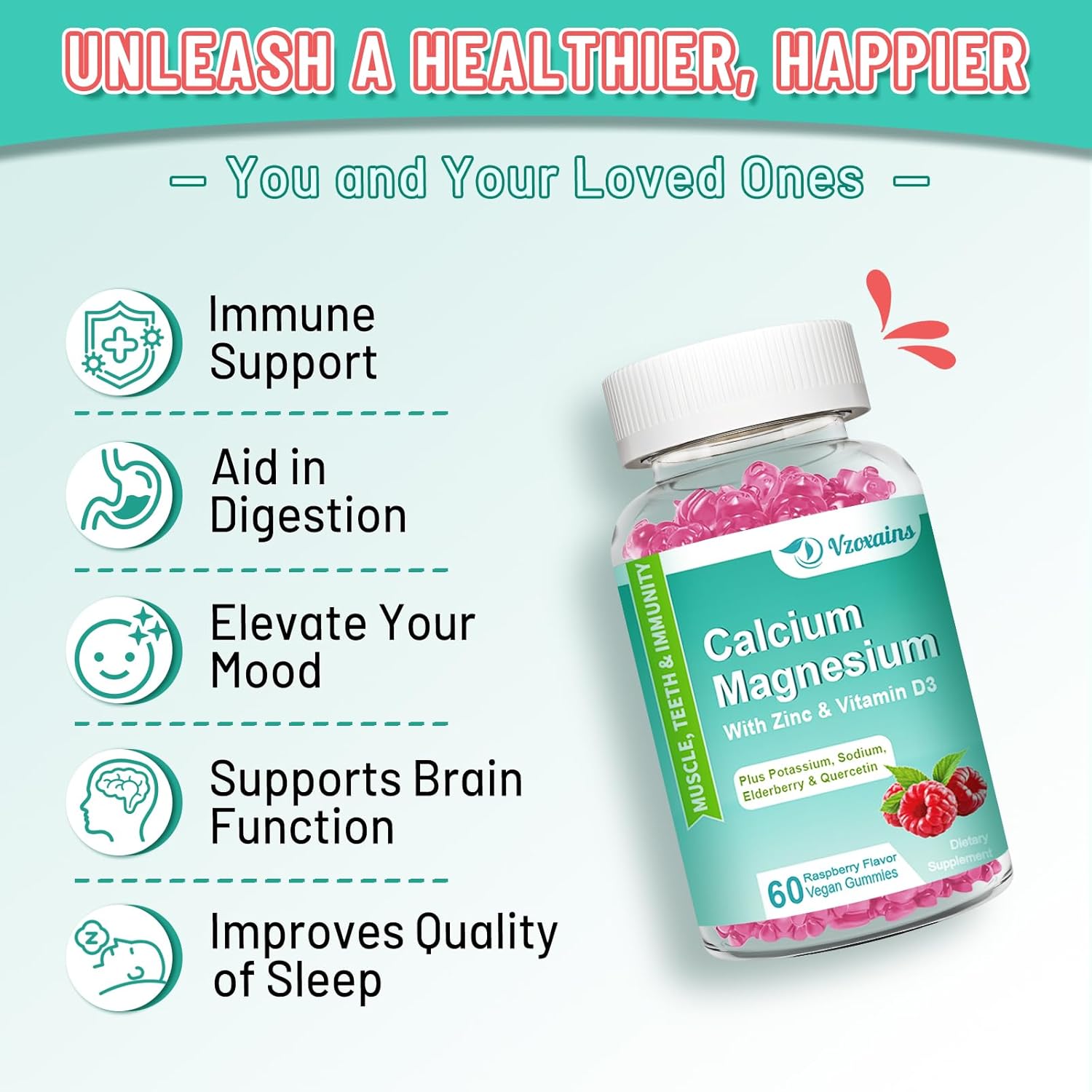 Sugar-Free Vegan Calcium Magnesium Zinc Gummies with Vitamin D3 for Bone Health - Raspberry Flavor, 120 Count