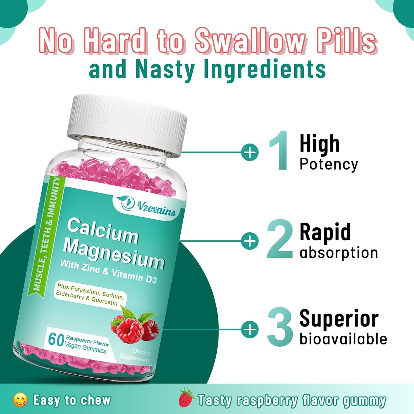 Sugar-Free Vegan Calcium Magnesium Zinc Gummies with Vitamin D3 for Bone Health - Raspberry Flavor, 120 Count